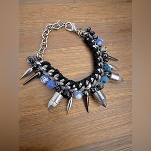 Silver Chain Bracelet Hand Woven Black and Blue gem stone and spike